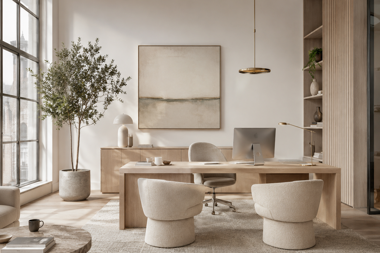 Pinterest-inspireret minimalistisk kontorinteriør med nordisk lys og lyse trædetaljer