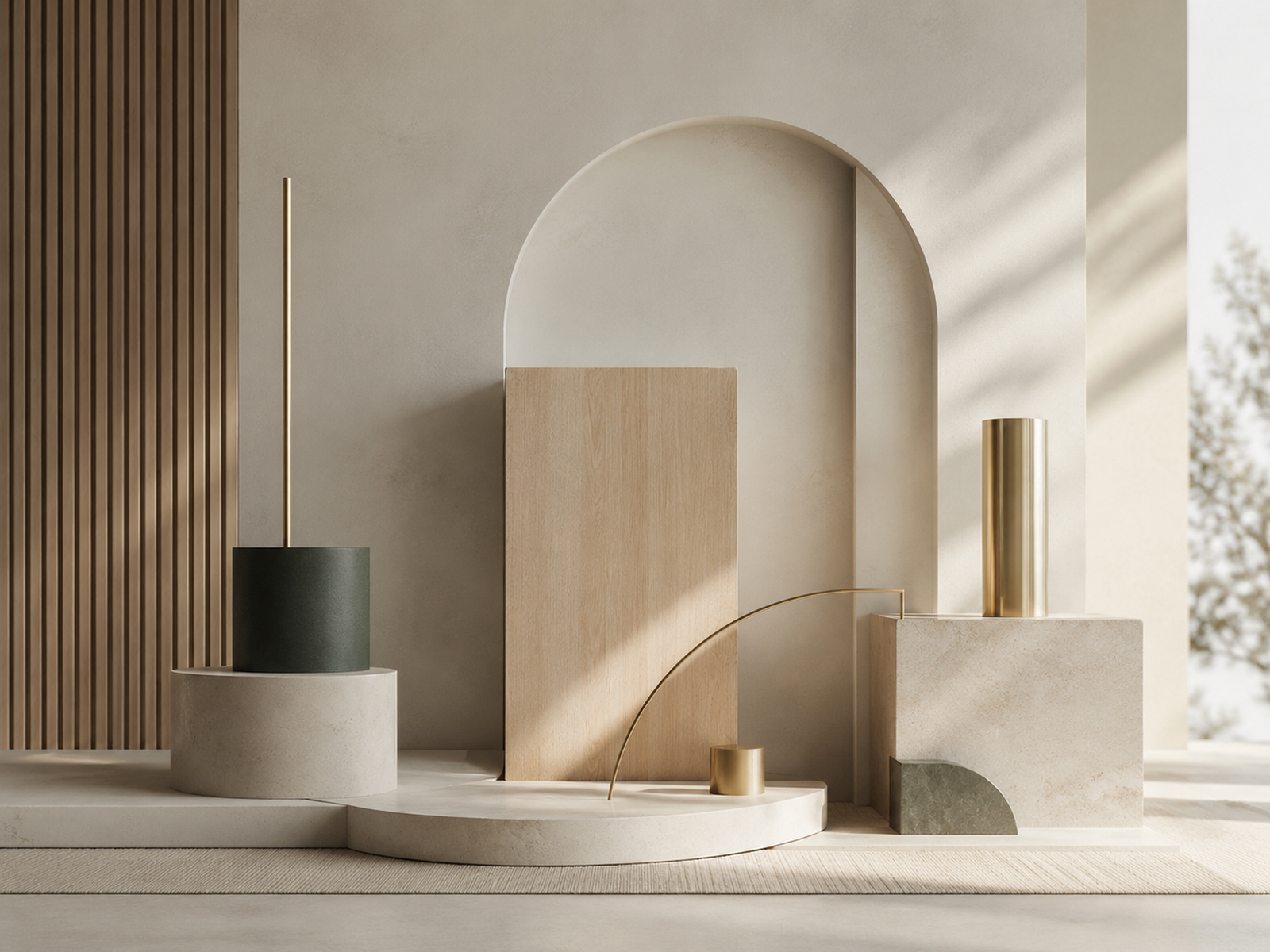 Abstrakt 3D visualisering med nordisk minimalisme, guldaccenter og slate green former